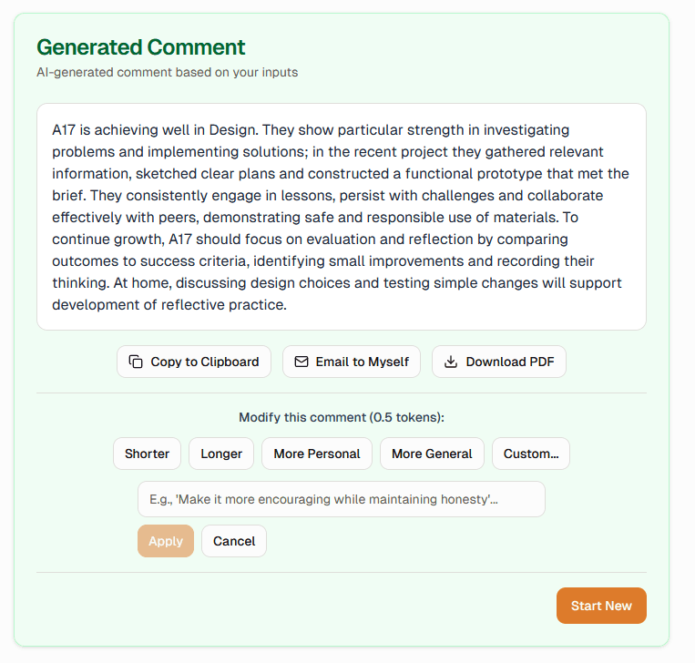 Example South Australian report comment generated by South Australia School Reports