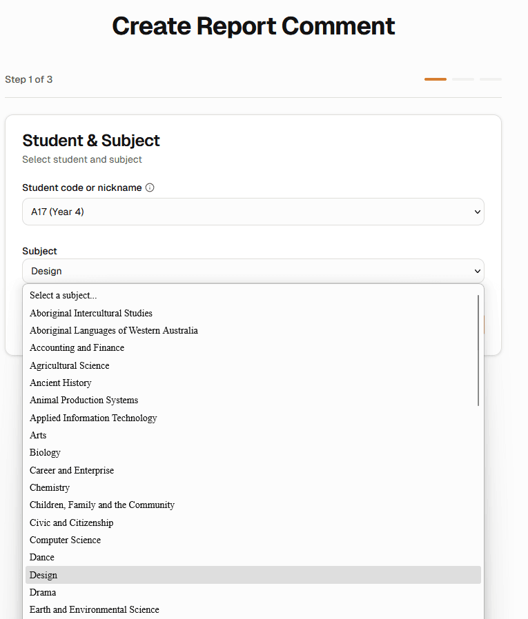 Pick student and subject screen of South Australia School Reports